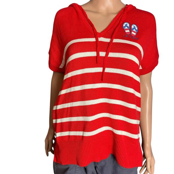 Life Is Good Red White Striped Hoodie M Embroidered Vee Neck Beachy Resort Wear - Picture 1 of 6